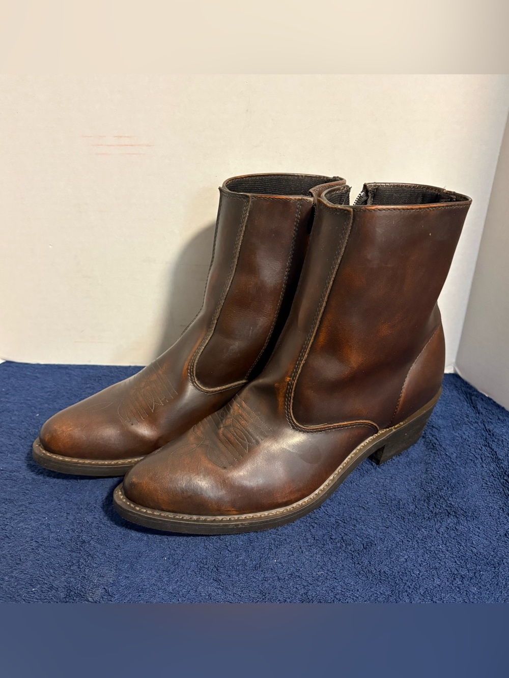 Laredo Men's 9.5 D Fletcher Brown Leather Western Side-Zip Cowboy Boots Brogue